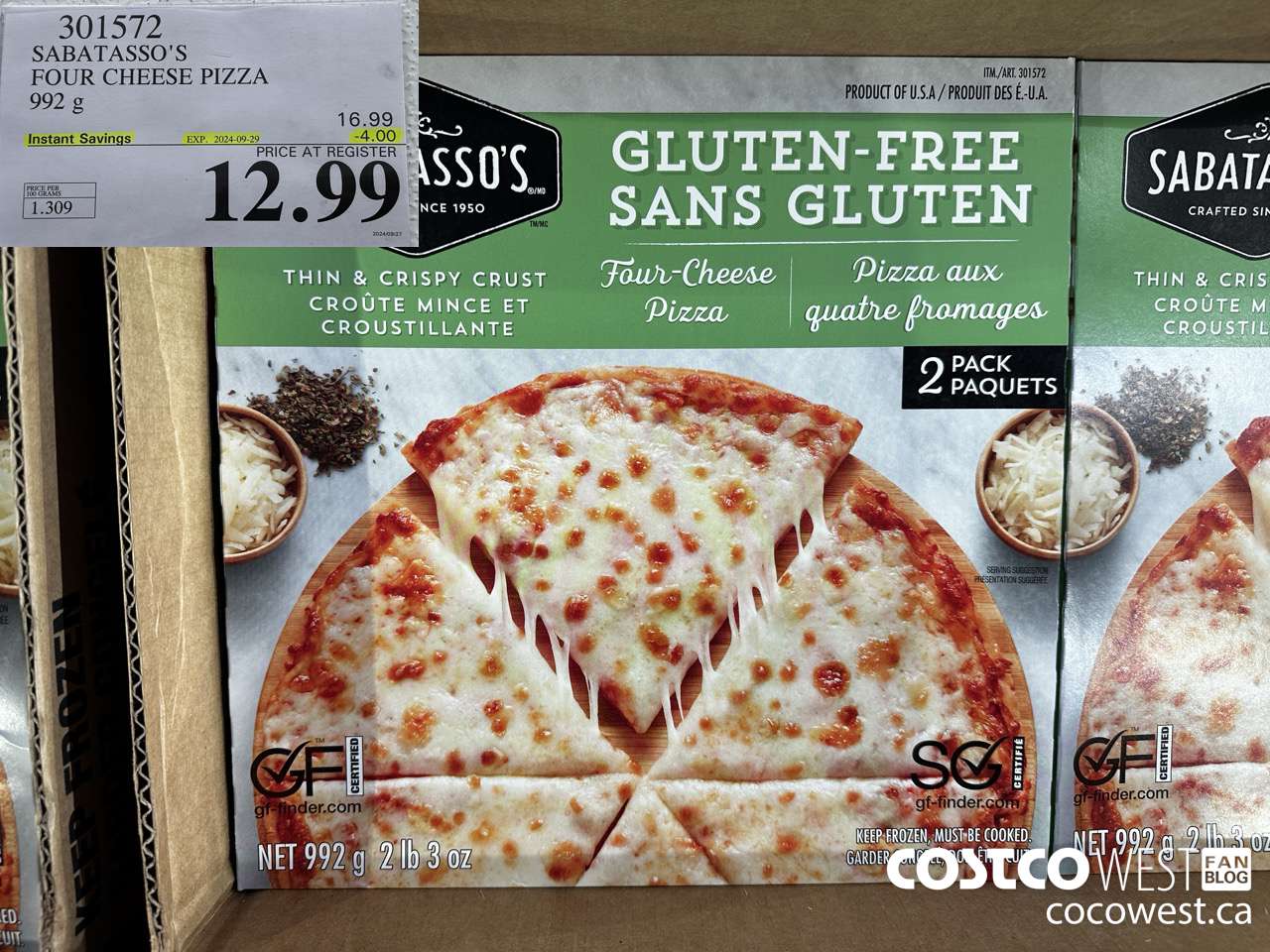 301572 SABATASSO'S GLUTEN-FREE CHEESE PIZZA 2 X 496 G ($4.00 INSTANT SAVINGS EXPIRES ON 2024-09-29) $12.99