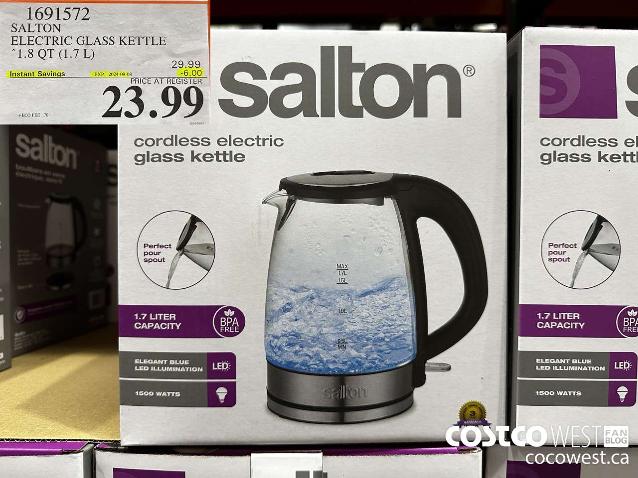 1691572 SALTON CORDLESS ELECTRIC GLASS KETTLE 1.7L (1.8 QT) ($6.00 INSTANT SAVINGS EXPIRES ON 2024-09-08) $23.99