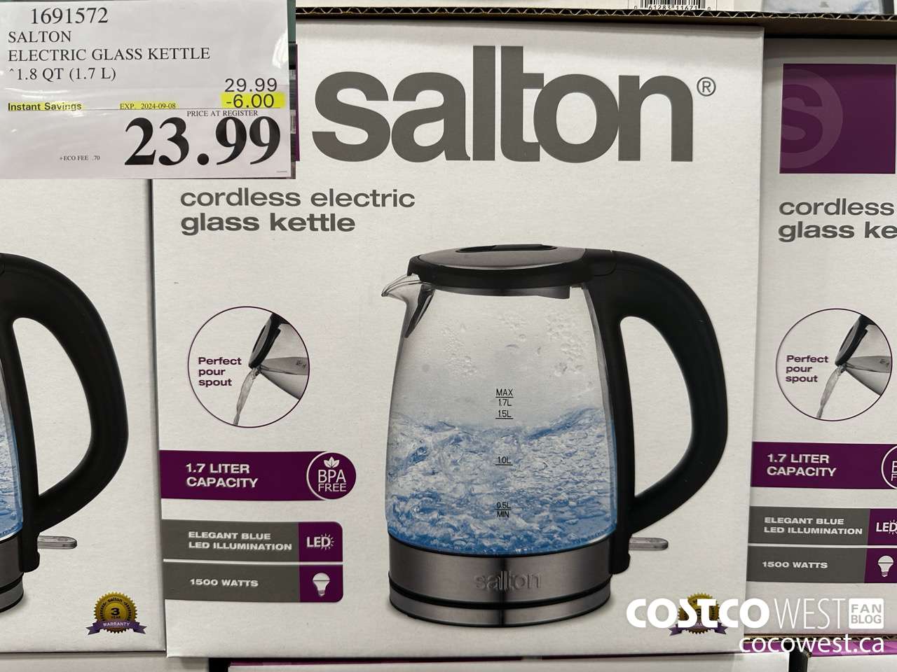 1691572 SALTON CORDLESS ELECTRIC GLASS KETTLE 1.7L (1.8 QT) ($6.00 INSTANT SAVINGS EXPIRES ON 2024-09-08) $23.99