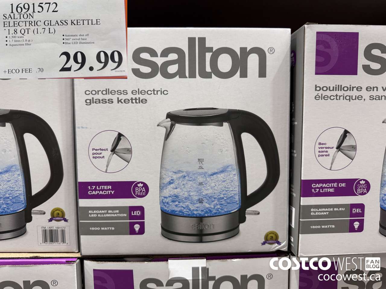1691572 SALTON CORDLESS ELECTRIC GLASS KETTLE 1.7L (1.8 QT) $29.99