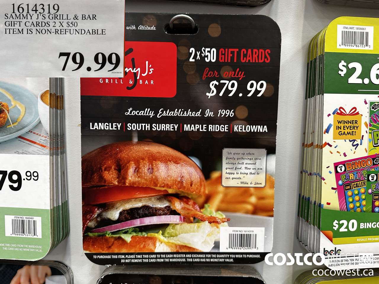 1614319 SAMMY J'S GRILL & BAR GIFT CARDS 2 x $50  $79.99