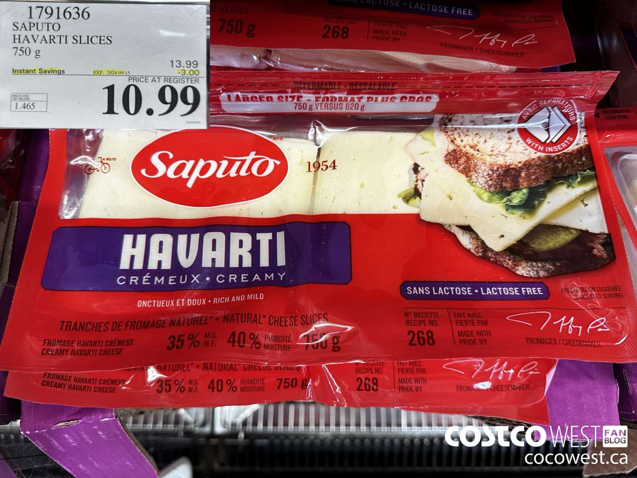 1791636 SAPUTO HAVARTI SLICES 750G ($3.00 INSTANT SAVINGS EXPIRES ON 2024-09-15) $10.99