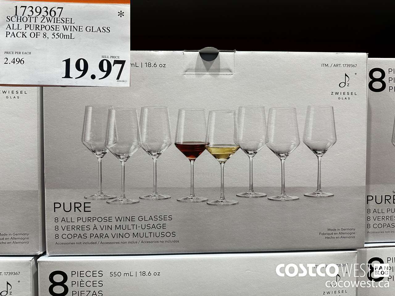 1739367 SCHOTT ZWIESEL ALL PURPOSE WINE GLASS PACK OF 8, 550mL $19.97