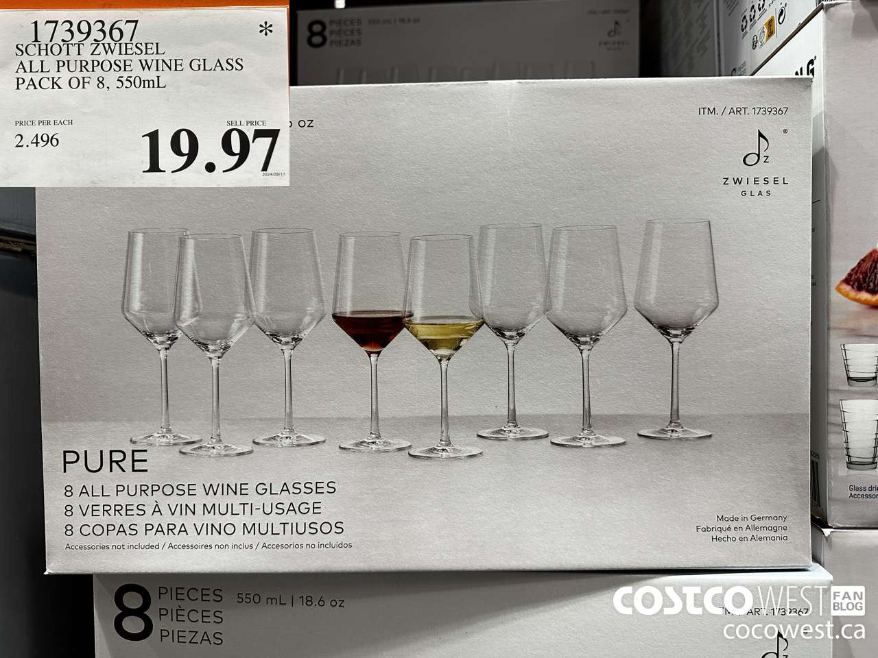1739367 SCHOTT ZWIESEL ALL PURPOSE WINE GLASS PACK OF 8, 550mL $19.97