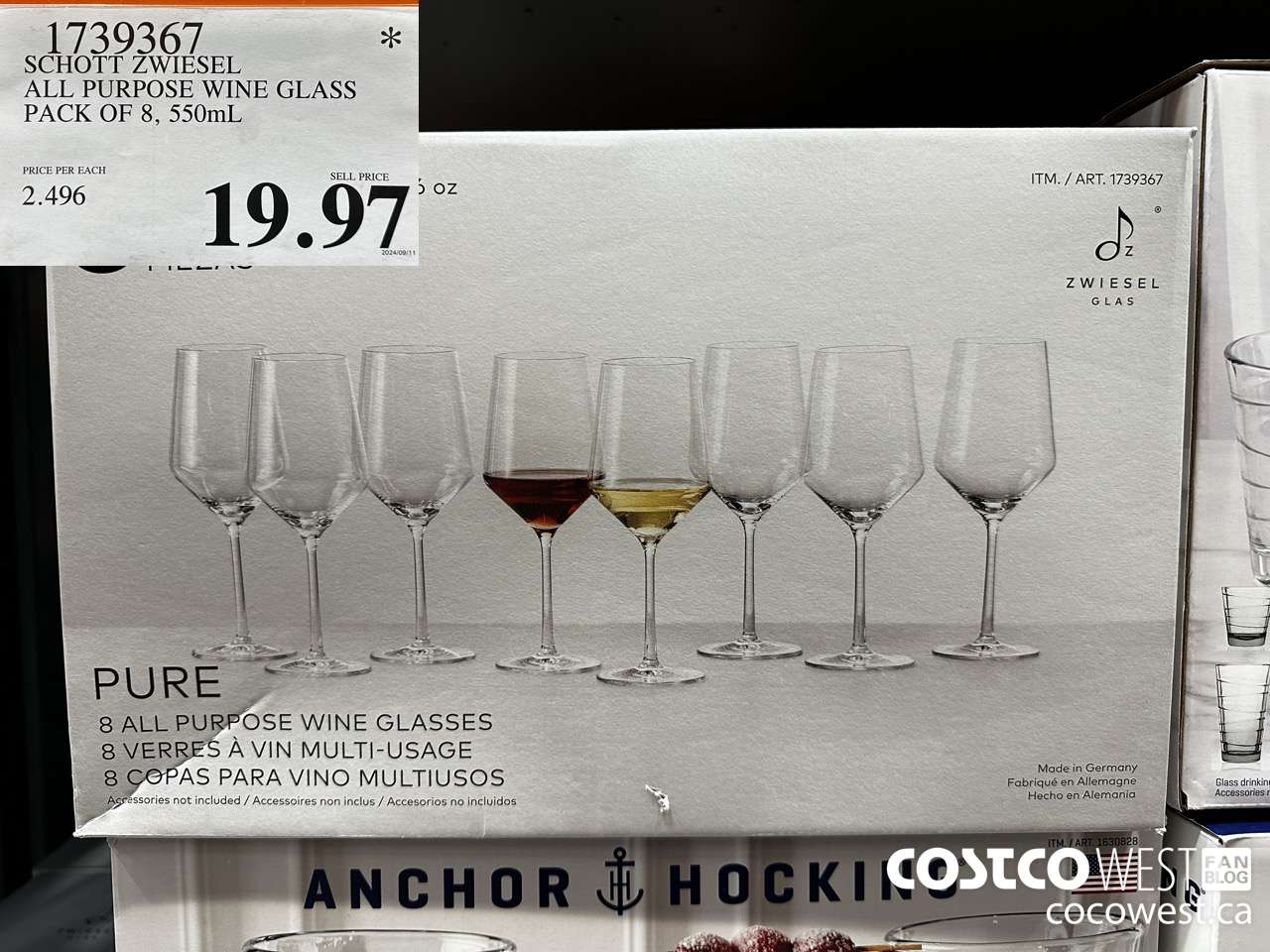 1739367 SCHOTT ZWIESEL ALL PURPOSE WINE GLASS PACK OF 8, 550mL $19.97