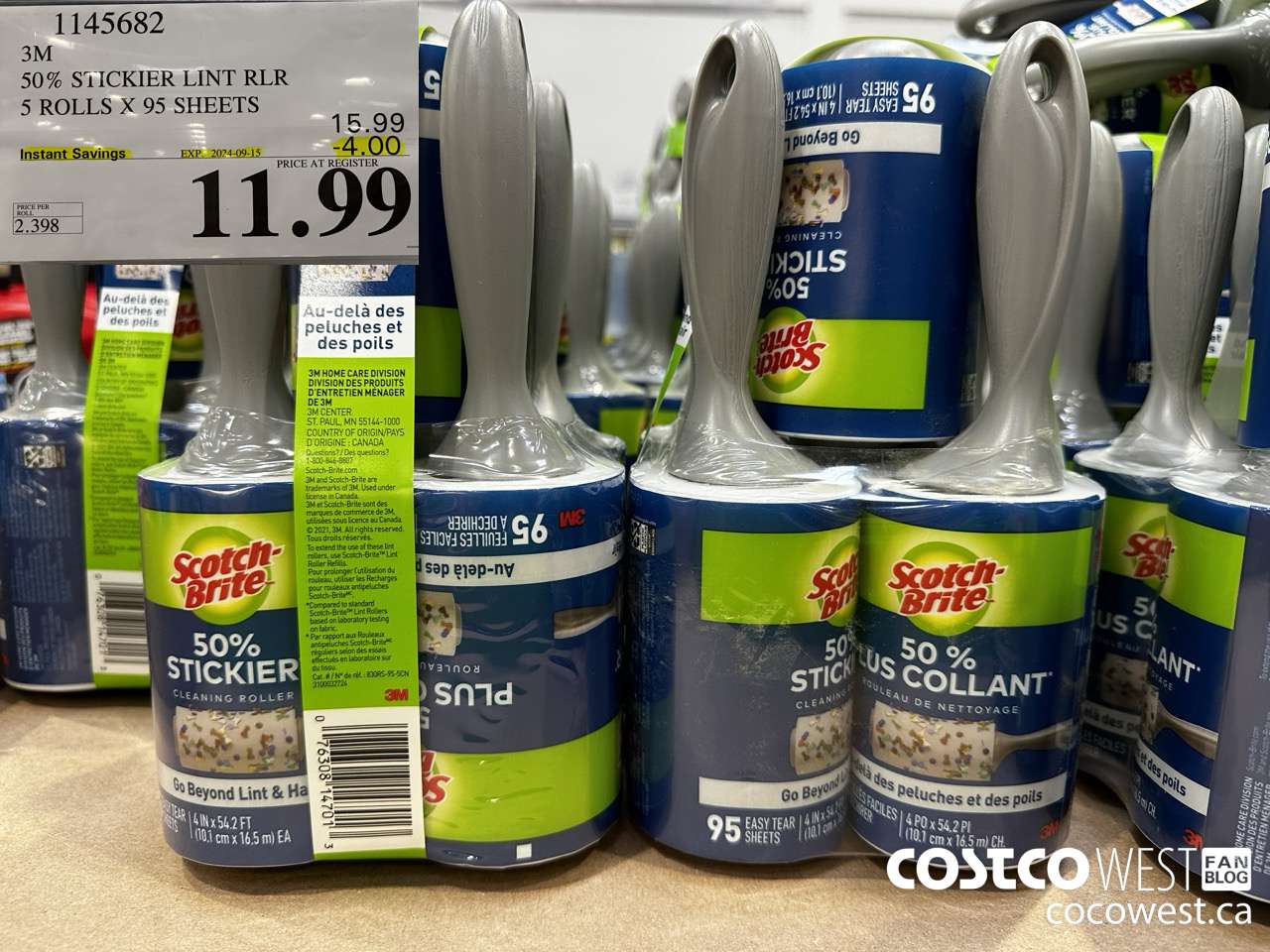 1145682 SCOTCH BRITE 50% STICKIER LINT RLR 5 ROLLS X 95 SHEETS ($4.00 INSTANT SAVINGS EXPIRES ON 2024-09-15) $11.99