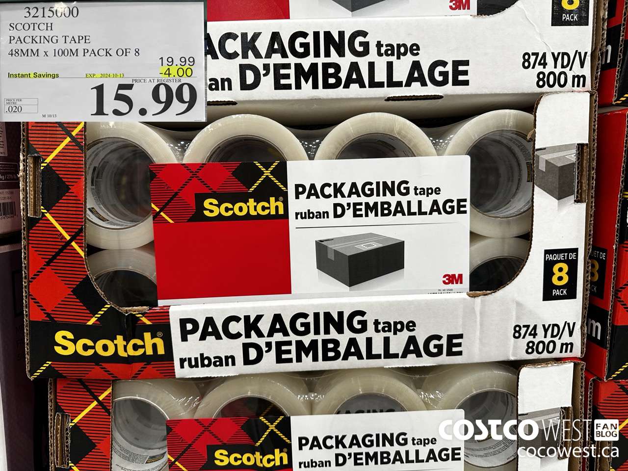 3215000 SCOTCH PACKING TAPE 48MM x 100M PACK OF 8 ($4.00 INSTANT SAVINGS EXPIRES ON 2024-10-13) $15.99