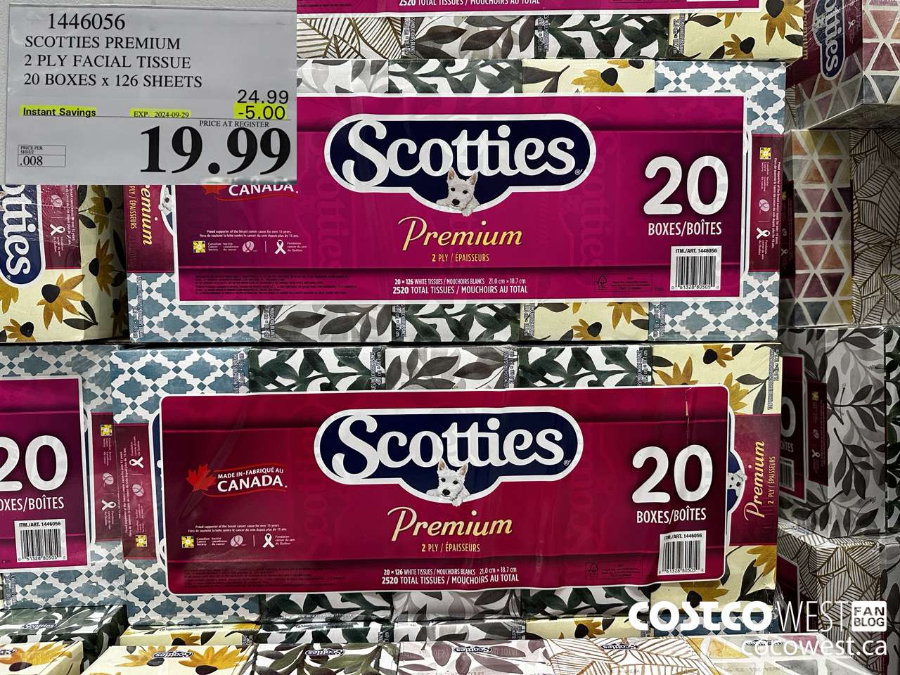 1446056 SCOTTIES PREMIUM 2 PLY FACIAL TISSUE 20 BOXES x 126 SHEETS ($5.00 INSTANT SAVINGS EXPIRES ON 2024-09-29) $19.99