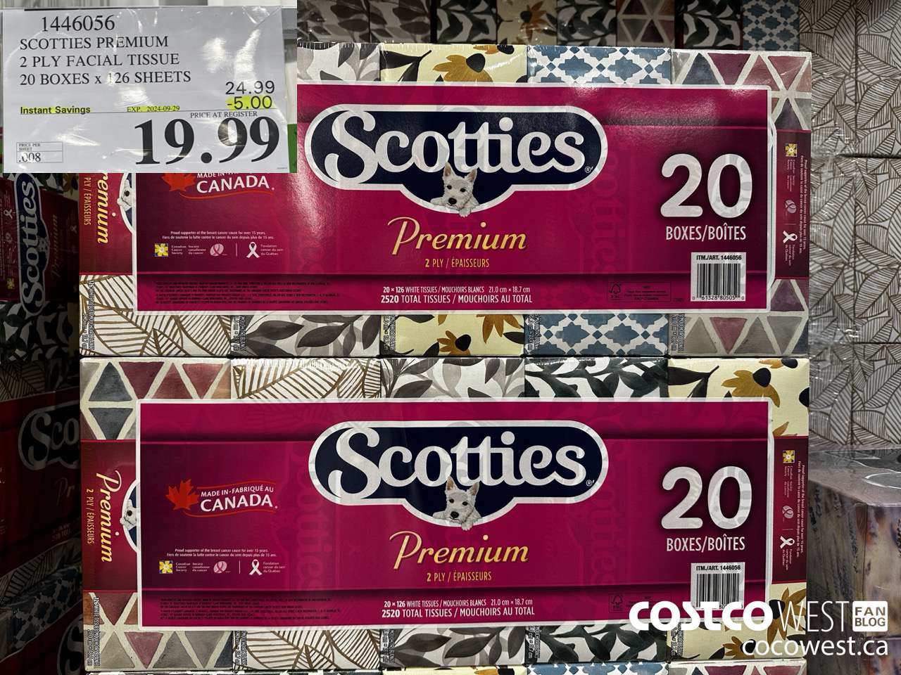 1446056 SCOTTIES PREMIUM 2 PLY FACIAL TISSUE 20 BOXES x 126 SHEETS ($5.00 INSTANT SAVINGS EXPIRES ON 2024-09-29) $19.99