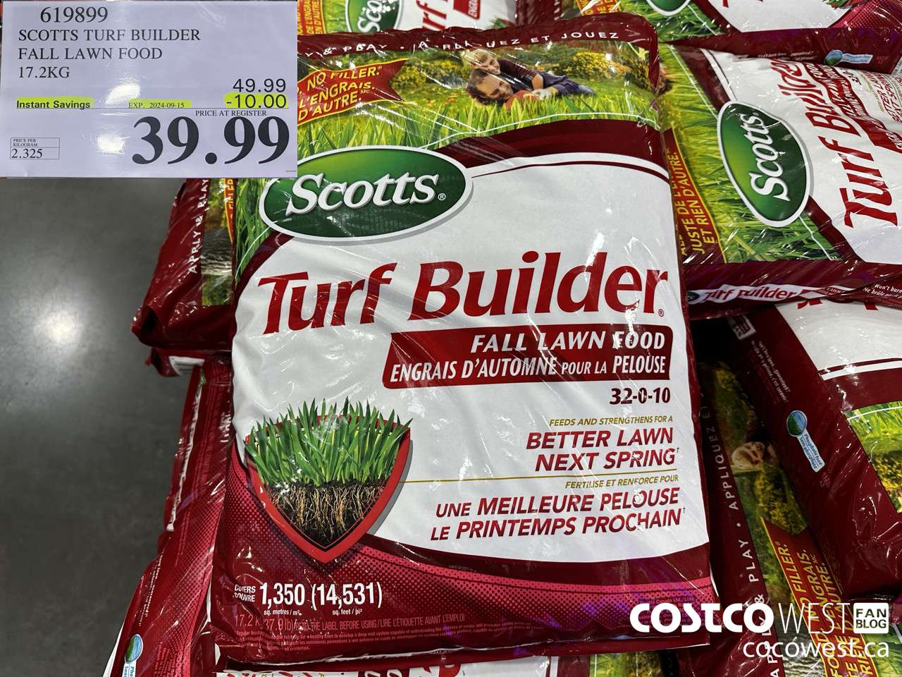 619899 SCOTTS TURF BUILDER FALL LAWN FOOD 17.2 KG ($10.00 INSTANT SAVINGS EXPIRES ON 2024-09-15) $39.99