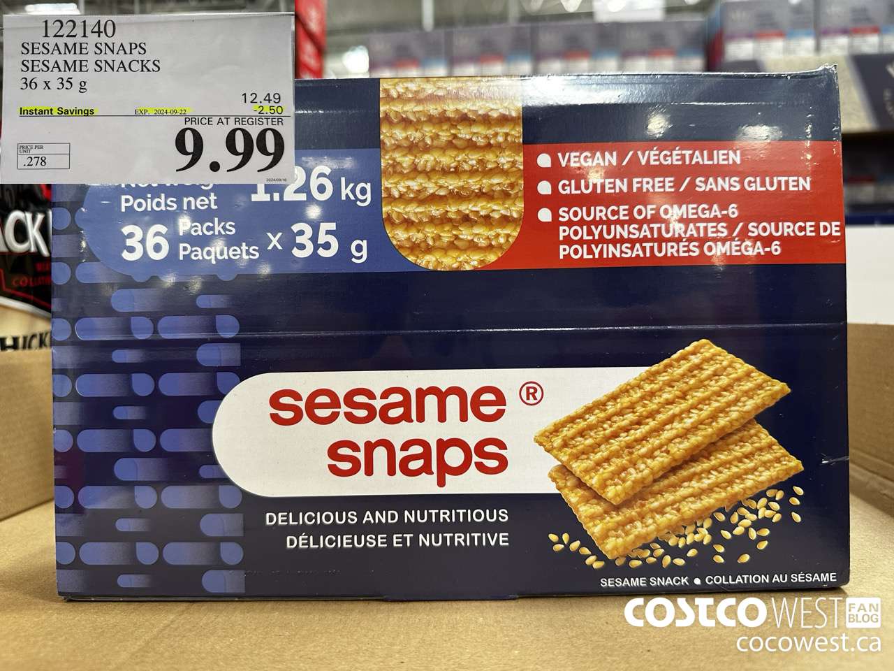 122140 SESAME SNAPS SESAME SNACKS 36 x 35 g ($2.50 INSTANT SAVINGS EXPIRES ON 2024-09-22) $9.99