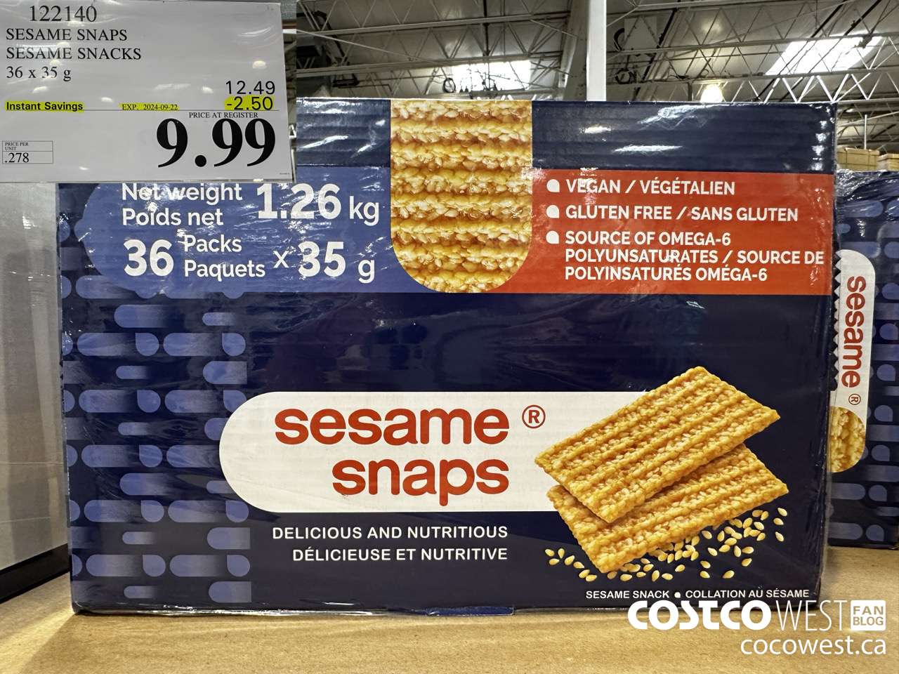122140 SESAME SNAPS SESAME SNACKS 36 x 35 g ($2.50 INSTANT SAVINGS EXPIRES ON 2024-09-22) $9.99