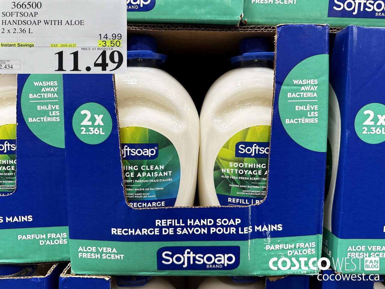 366500 SOFTSOAP HANDSOAP WITH ALOE 2 X 2.36L ($3.50 INSTANT SAVINGS EXPIRES ON 2024-10-27) $11.49