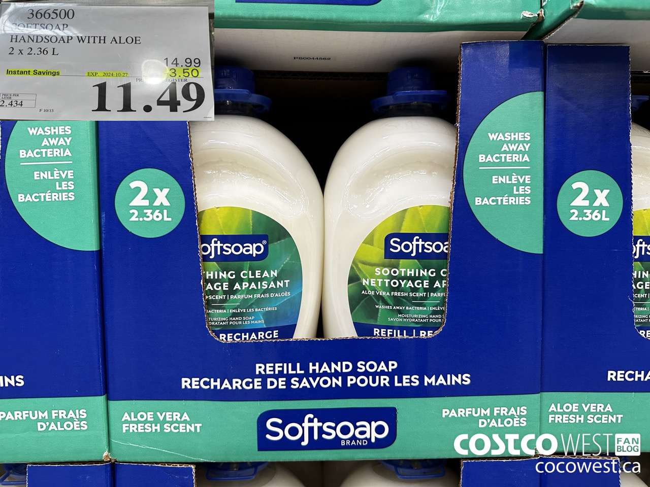 366500 SOFTSOAP HANDSOAP WITH ALOE 2 X 2.36L ($3.50 INSTANT SAVINGS EXPIRES ON 2024-10-27) $11.49