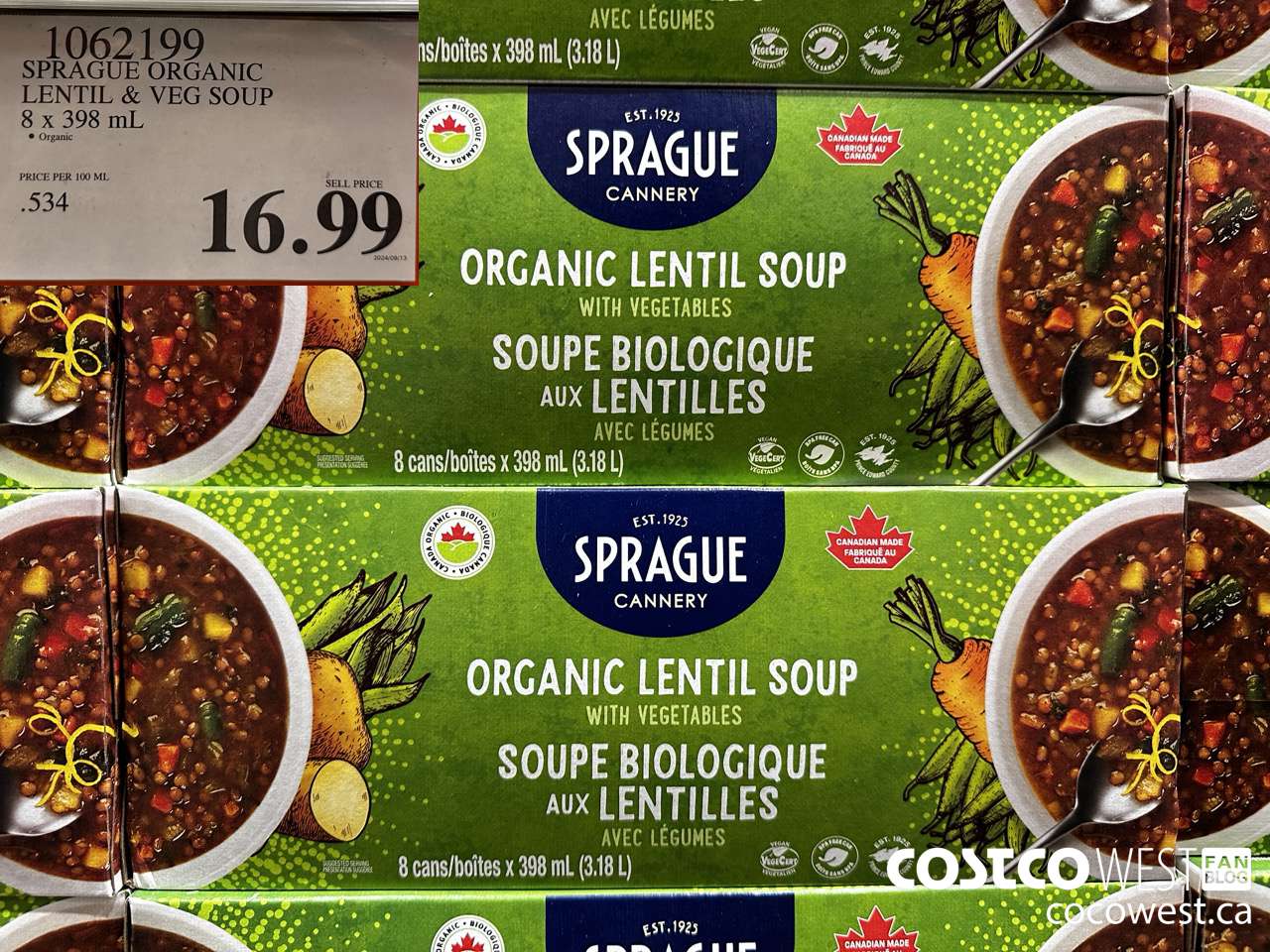 1062199 SPRAGUE ORGANIC LENTIL & VEG SOUP 8 X 398 ML $16.99