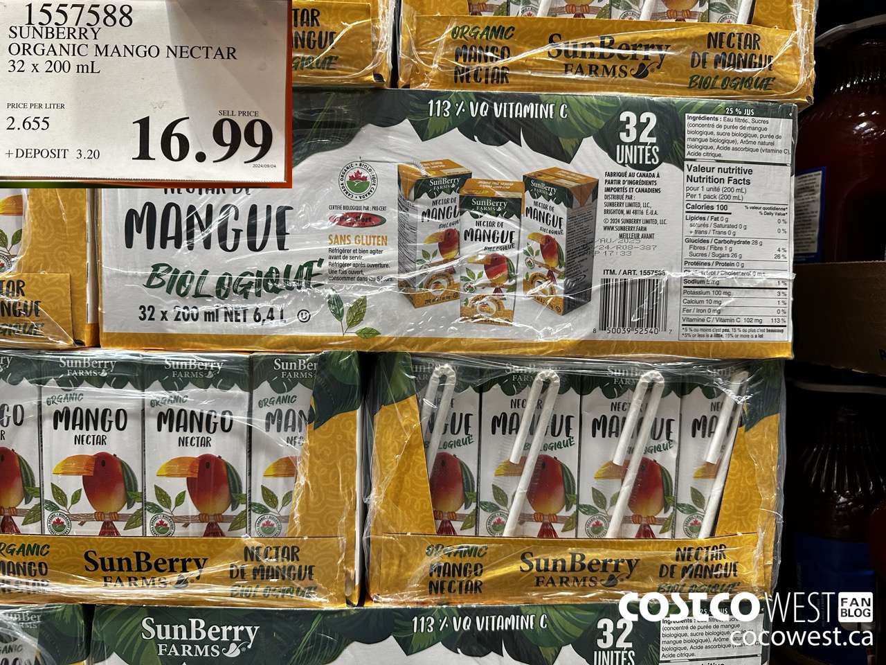 1557588 SUNBERRY ORGANIC MANGO NECTAR 32 X 200ML $16.99