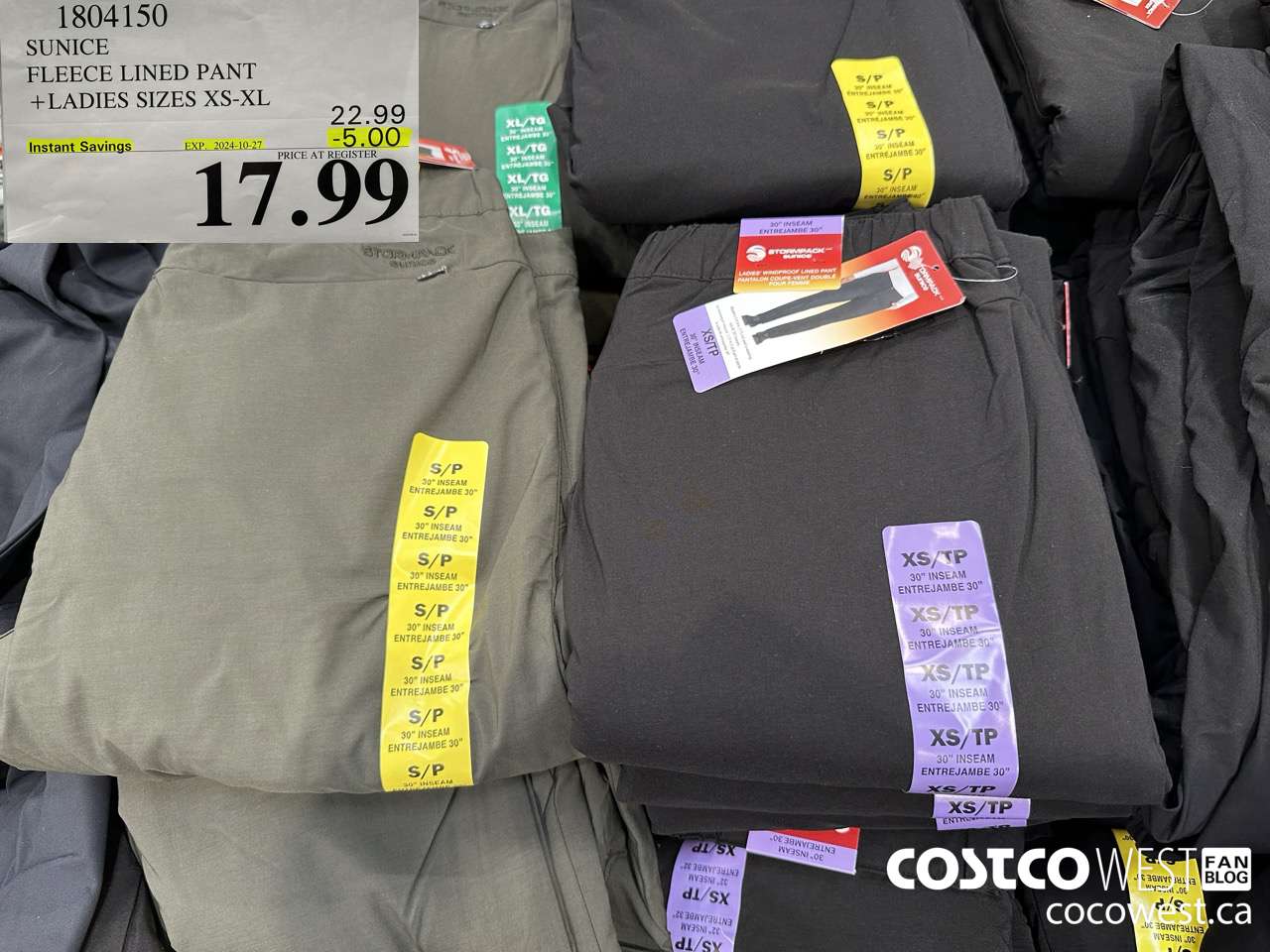 1804150 SUNICE FLEECE LINED PANT LADIES SIZES XS-XL ($5.00 INSTANT SAVINGS EXPIRES ON 2024-10-27) $17.99