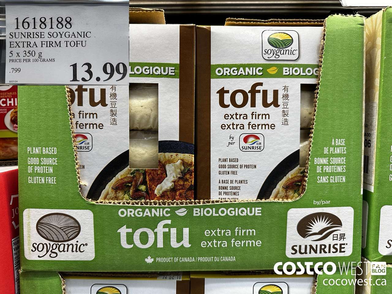 1618188 SUNRISE SOYGANIC EXTRA FIRM TOFU 5 X 350G $13.99