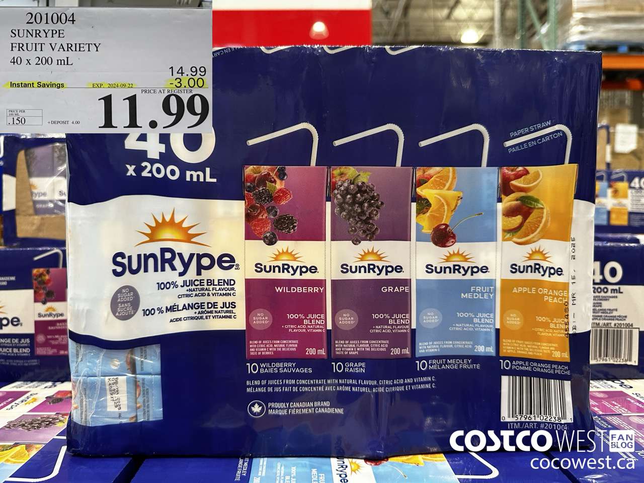 201004 SUNRYPE FRUIT VARIETY 40 X 200 ML ($3.00 INSTANT SAVINGS EXPIRES ON 2024-09-22) $11.99
