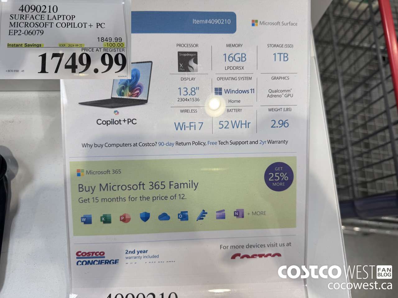 4090210 SURFACE LAPTOP MICROSOFT COPILOT + PC EP2-06079 ($100.00 INSTANT SAVINGS EXPIRES ON 2024-09-22) $1749.99