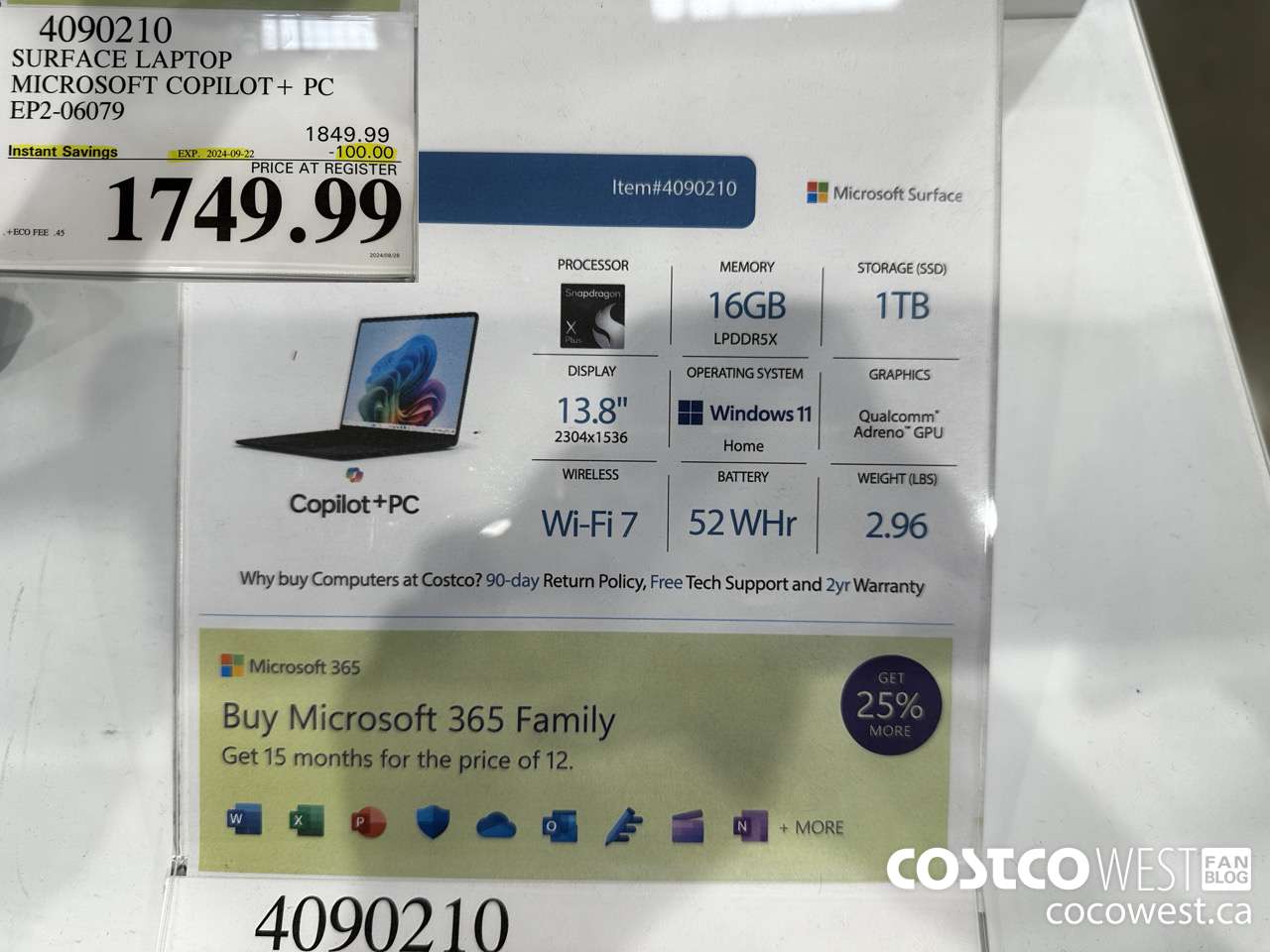 4090210 SURFACE LAPTOP MICROSOFT COPILOT + PC EP2-06079 ($100.00 INSTANT SAVINGS EXPIRES ON 2024-09-22) $1749.99