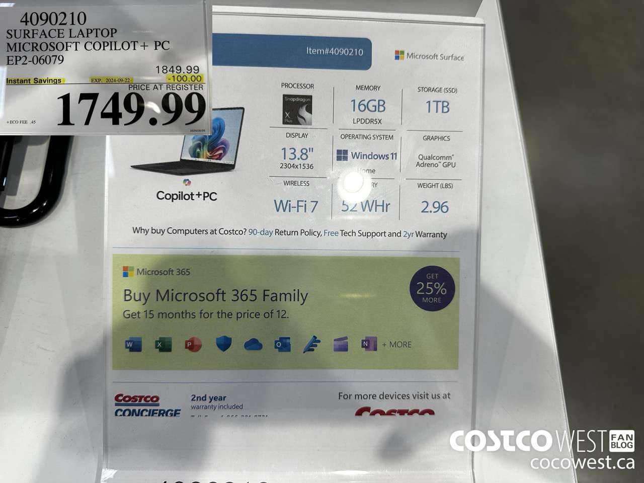 4090210 SURFACE LAPTOP MICROSOFT COPILOT + PC EP2-06079 ($100.00 INSTANT SAVINGS EXPIRES ON 2024-09-22) $1749.99