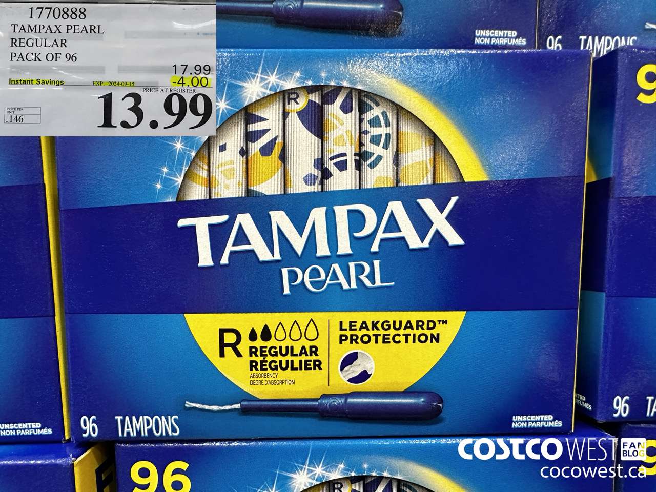 1770888 TAMPAX PEARL REGULAR PACK OF 96 ($4.00 INSTANT SAVINGS EXPIRES ON 2024-09-15) $13.99