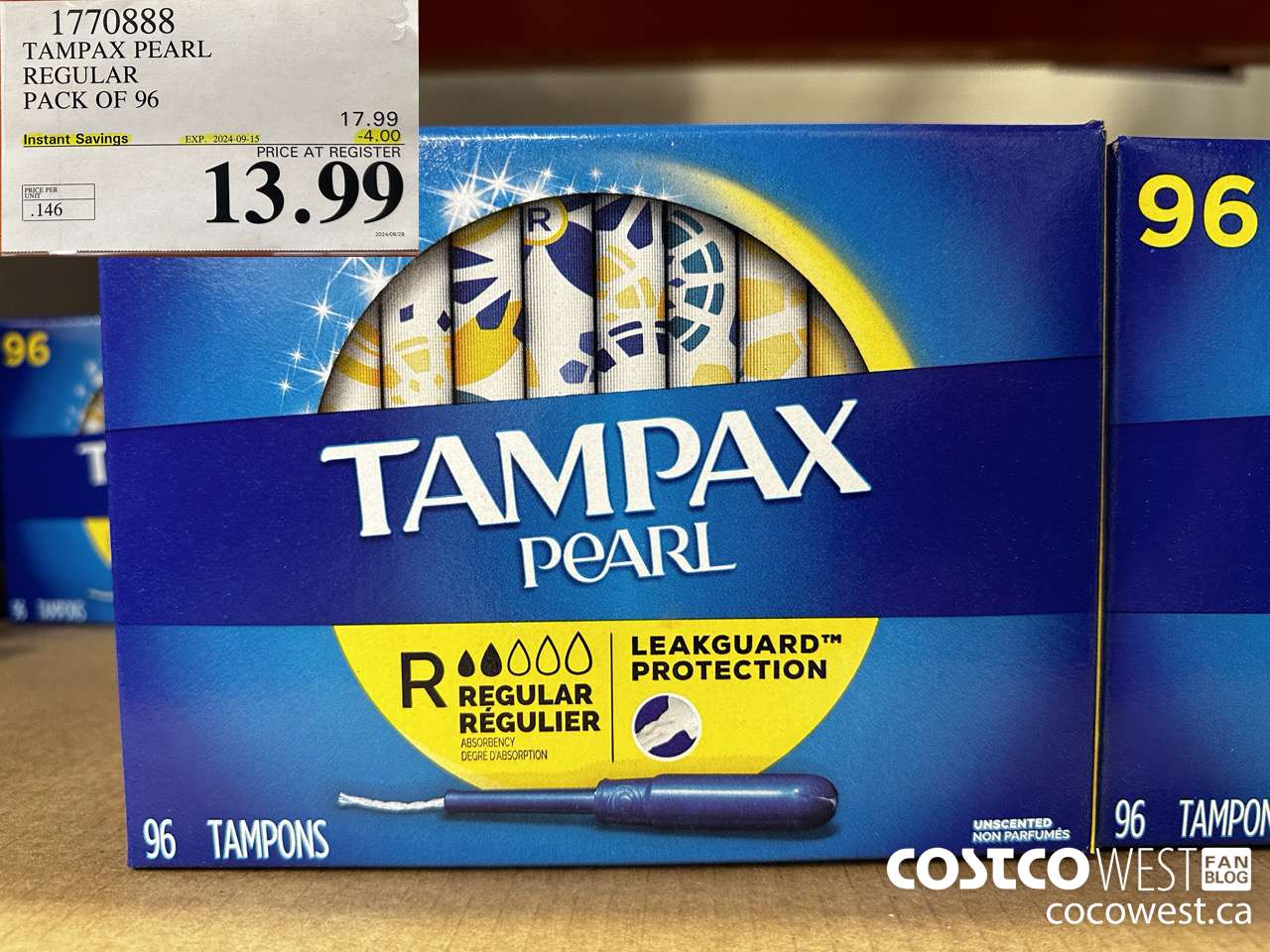 1770888 TAMPAX PEARL REGULAR PACK OF 96 ($4.00 INSTANT SAVINGS EXPIRES ON 2024-09-15) $13.99
