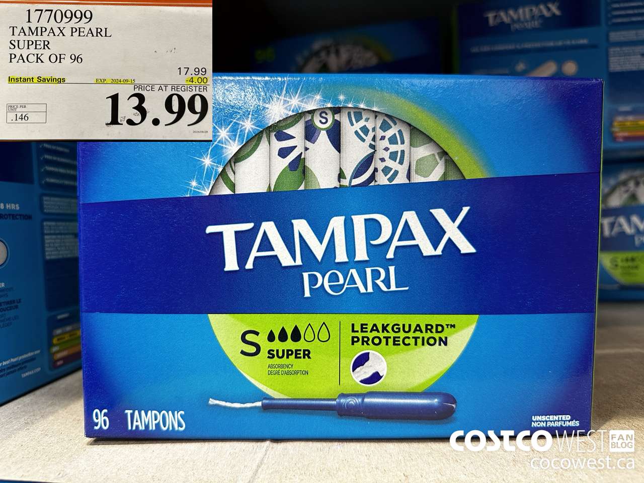 1770999 TAMPAX PEARL SUPER PACK OF 96 ($4.00 INSTANT SAVINGS EXPIRES ON 2024-09-15) $13.99