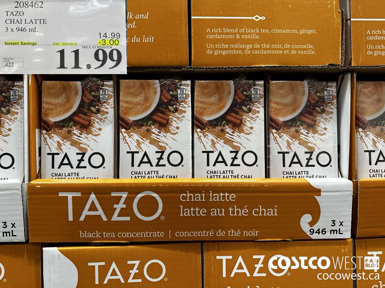 208462 TAZO CHAI LATTE 3 x 946 mL ($3.00 INSTANT SAVINGS EXPIRES ON 2024-09-22) $11.99