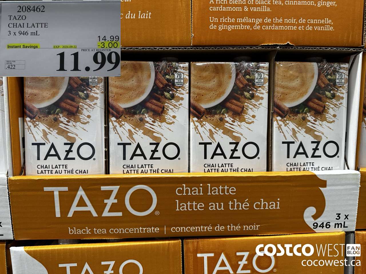 208462 TAZO CHAI LATTE 3 x 946 mL ($3.00 INSTANT SAVINGS EXPIRES ON 2024-09-22) $11.99