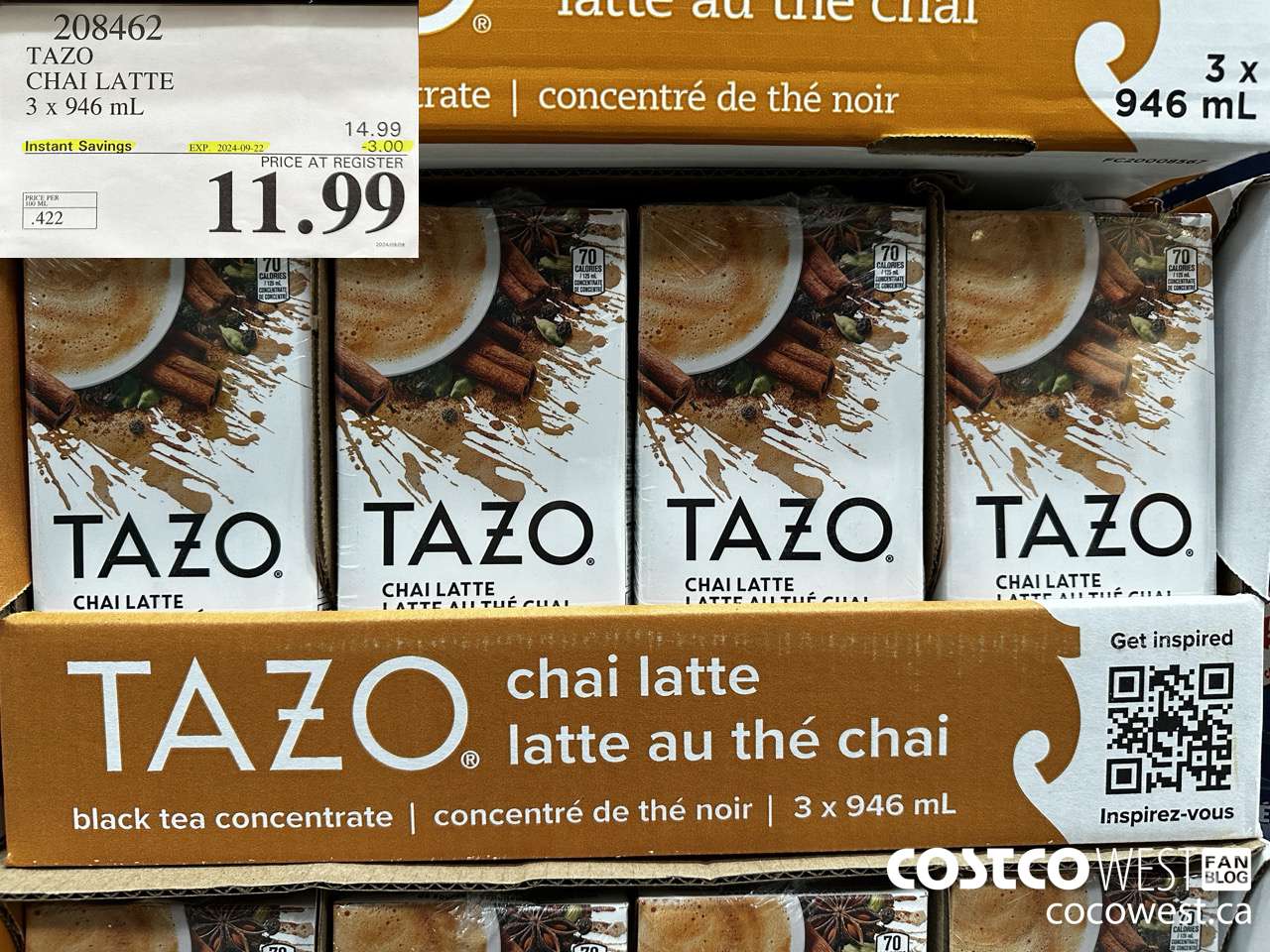 208462 TAZO CHAI LATTE 3 x 946 mL ($3.00 INSTANT SAVINGS EXPIRES ON 2024-09-22) $11.99