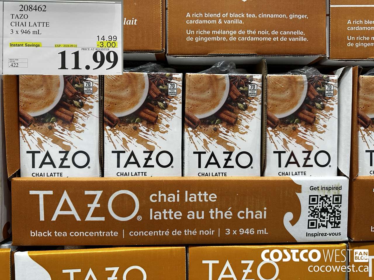 208462 TAZO CHAI LATTE 3 x 946 mL ($3.00 INSTANT SAVINGS EXPIRES ON 2024-09-22) $11.99
