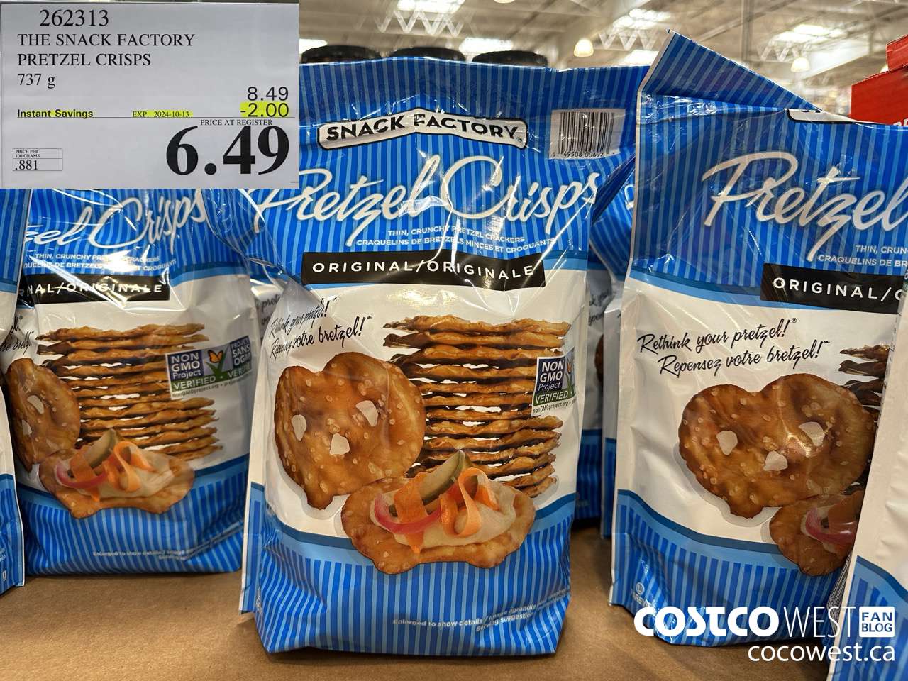 262313 THE SNACK FACTORY PRETZEL CRISPS 737 g ($2.00 INSTANT SAVINGS EXPIRES ON 2024-10-13) $6.49