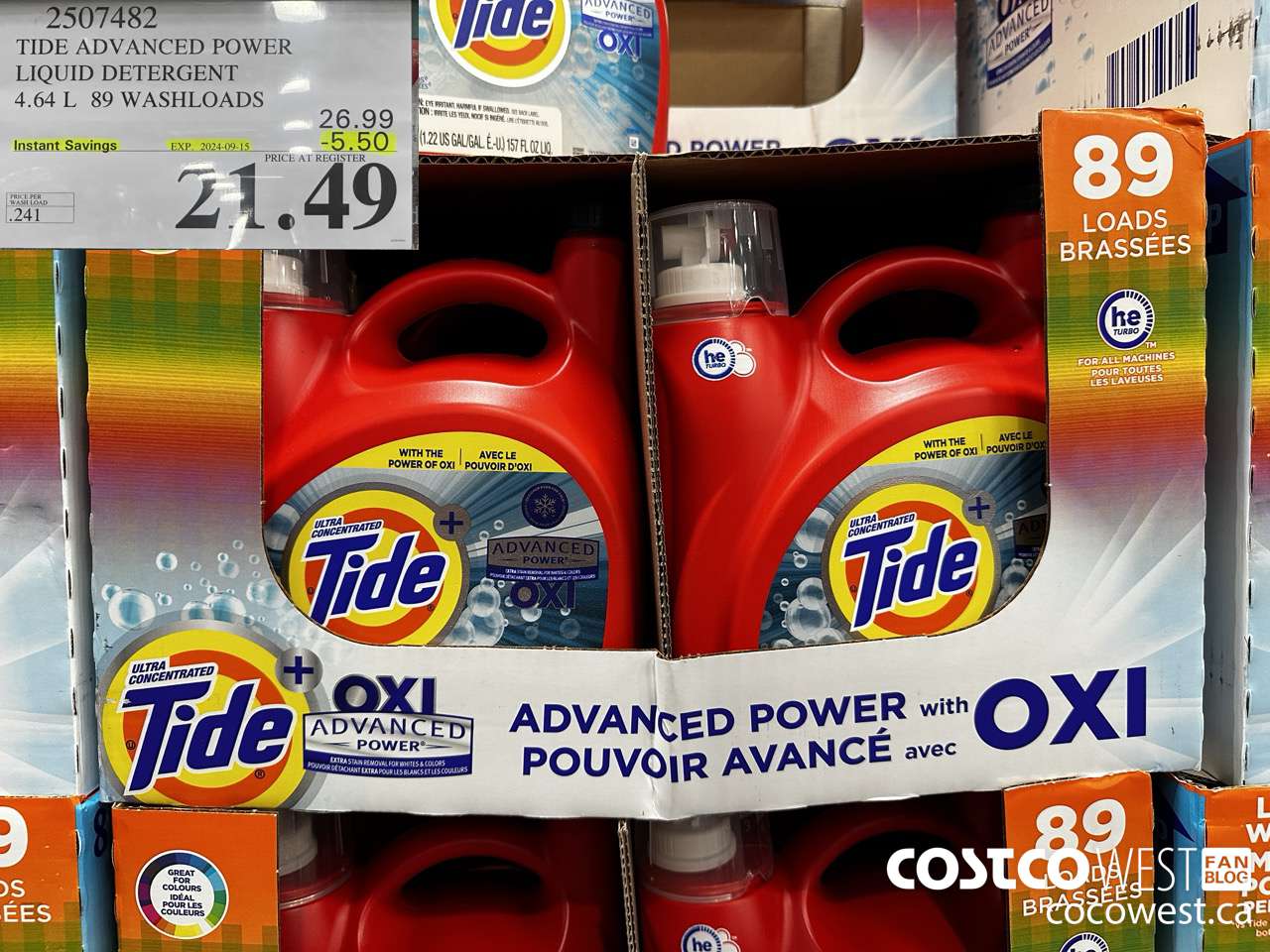 2507482 TIDE ADVANCED POWER LIQUID DETERGENT 4.64 L 89 WASHLOADS ($5.50 INSTANT SAVINGS EXPIRES ON 2024-09-15) $21.49