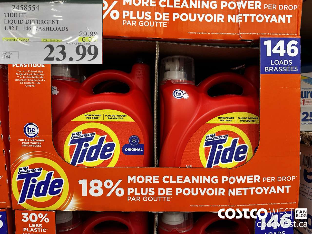 2458554 TIDE HE LIQUID DETERGENT 4.82 L 146 WASHLOADS ($6.00 INSTANT SAVINGS EXPIRES ON 2024-09-29) $23.99
