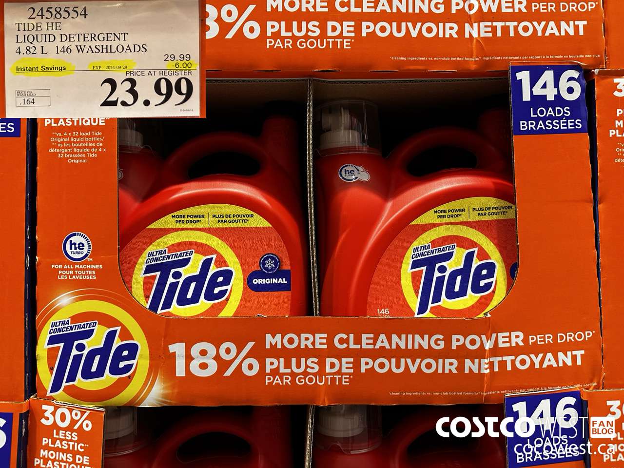 2458554 TIDE HE LIQUID DETERGENT 4.82 L 146 WASHLOADS ($6.00 INSTANT SAVINGS EXPIRES ON 2024-09-29) $23.99