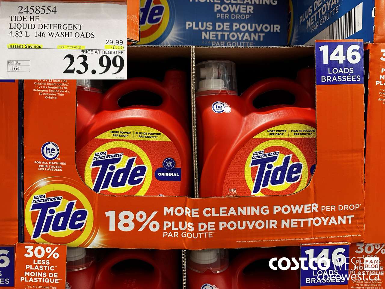 2458554 TIDE HE LIQUID DETERGENT 4.82 L 146 WASHLOADS ($6.00 INSTANT SAVINGS EXPIRES ON 2024-09-29) $23.99