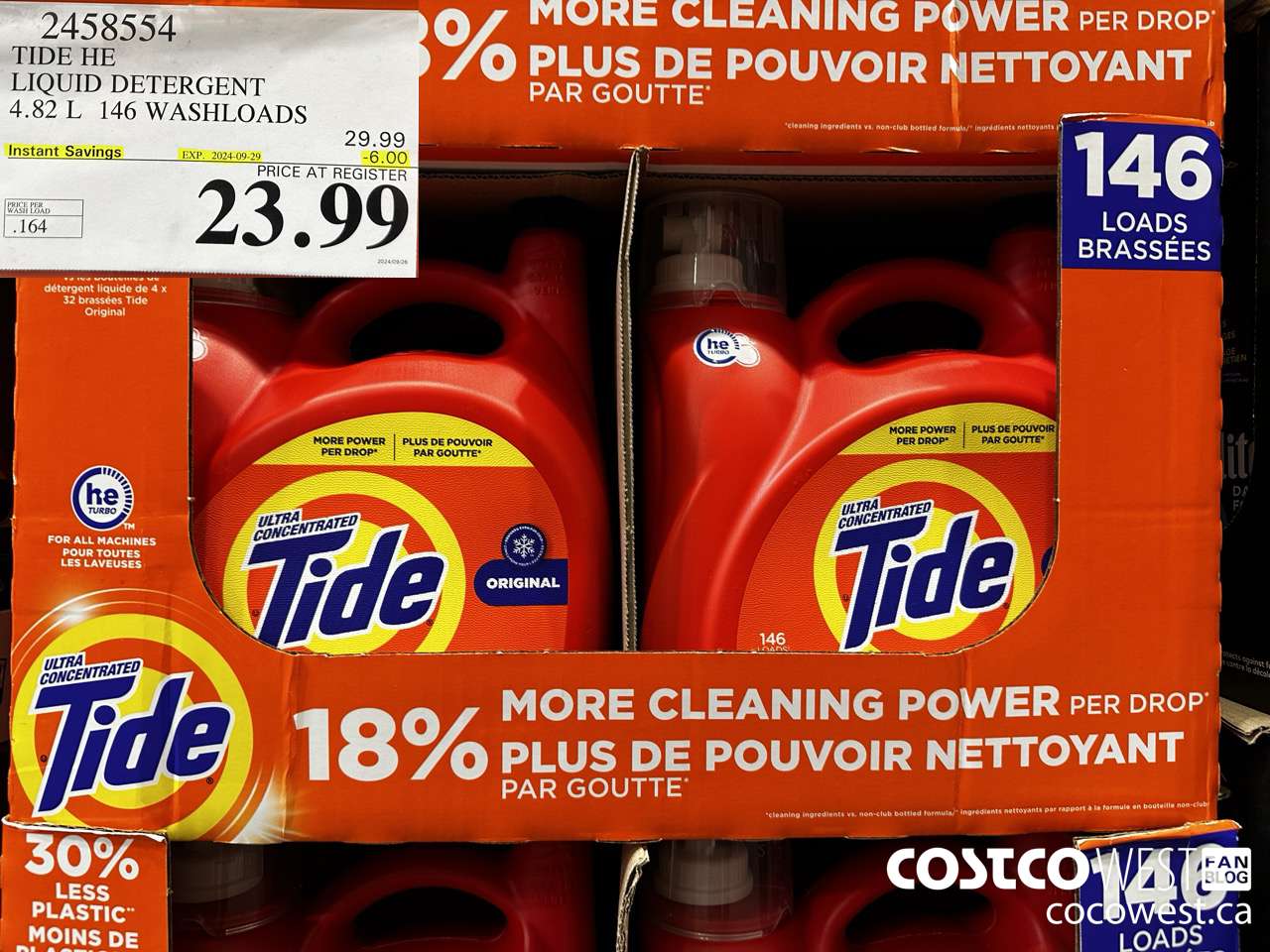 2458554 TIDE HE LIQUID DETERGENT 4.82 L 146 WASHLOADS ($6.00 INSTANT SAVINGS EXPIRES ON 2024-09-29) $23.99