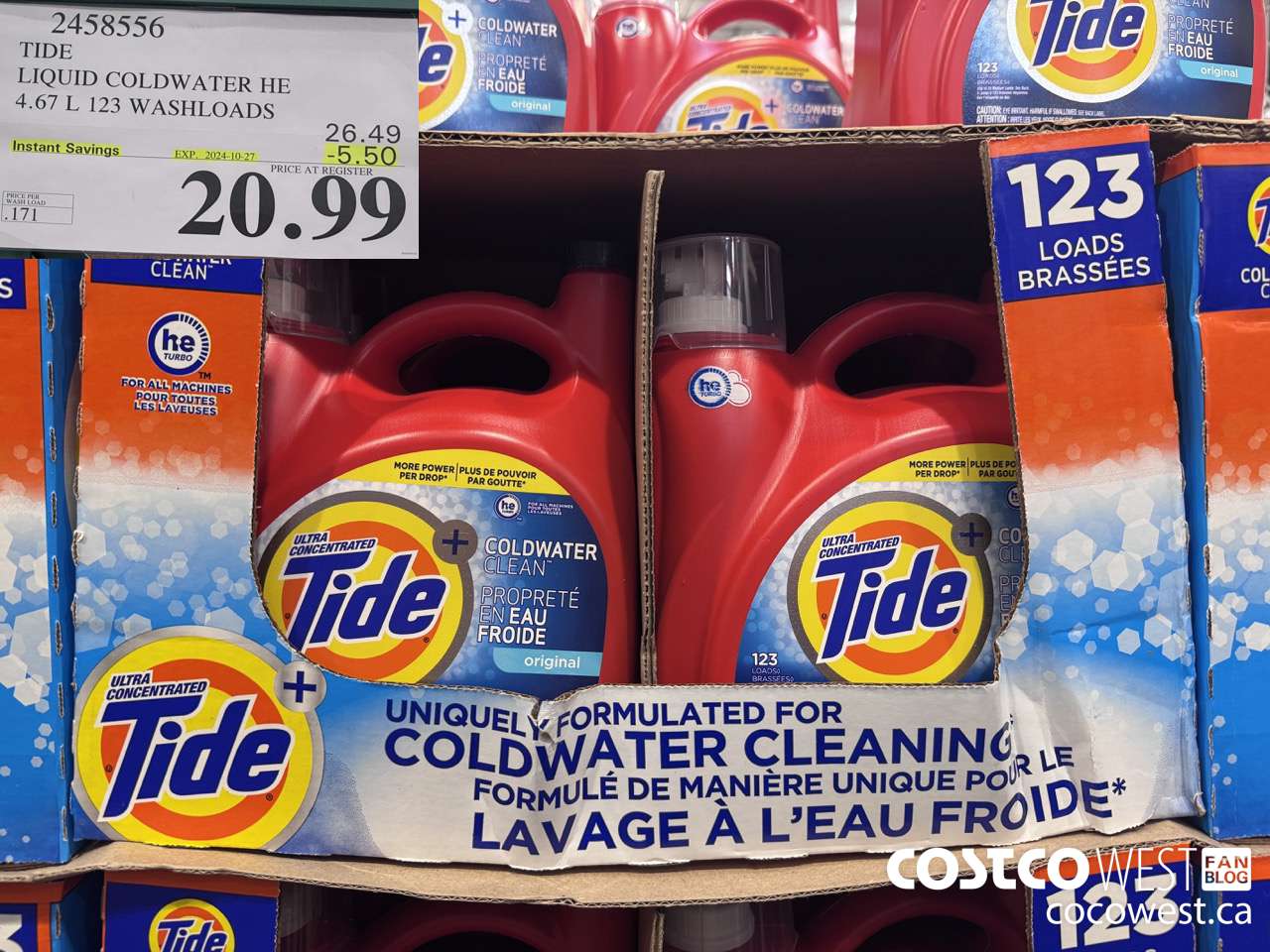 2458556 TIDE LIQUID COLDWATER HE 4.67 L 123 WASHLOADS ($5.50 INSTANT SAVINGS EXPIRES ON 2024-10-27) $20.99