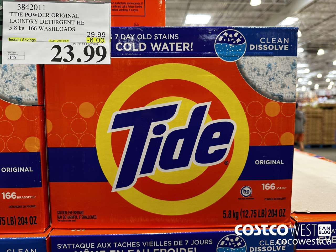 3842011 TIDE POWDER ORIGINAL LAUNDRY DETERGENT HE 5.8KG 166 WASHLOADS ($6.00 INSTANT SAVINGS EXPIRES ON 2024-09-29) $23.99