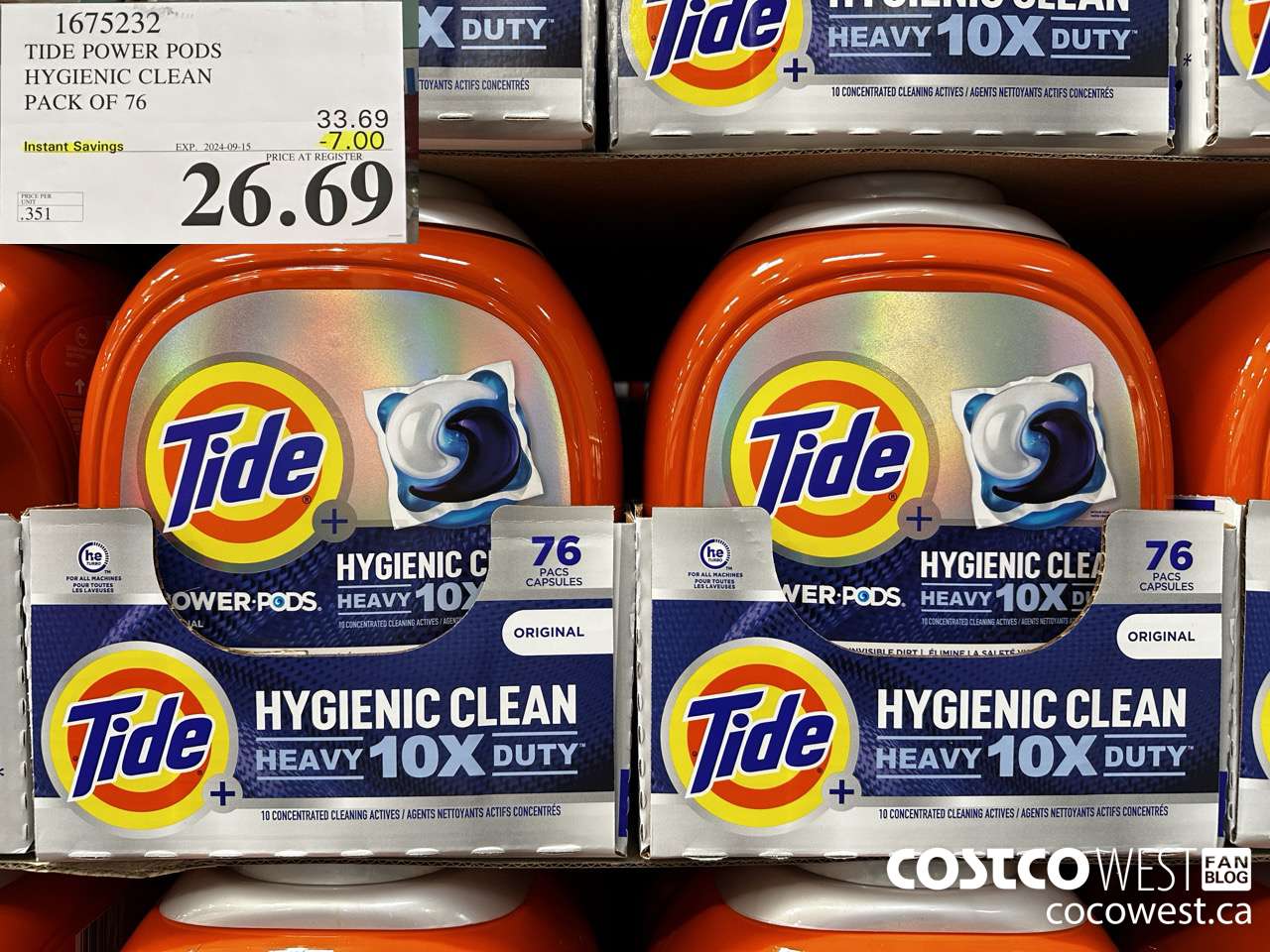 1675232 TIDE POWER PODS HYGIENIC CLEAN PACK OF 76 ($7.00 INSTANT SAVINGS EXPIRES ON 2024-09-15) $26.69