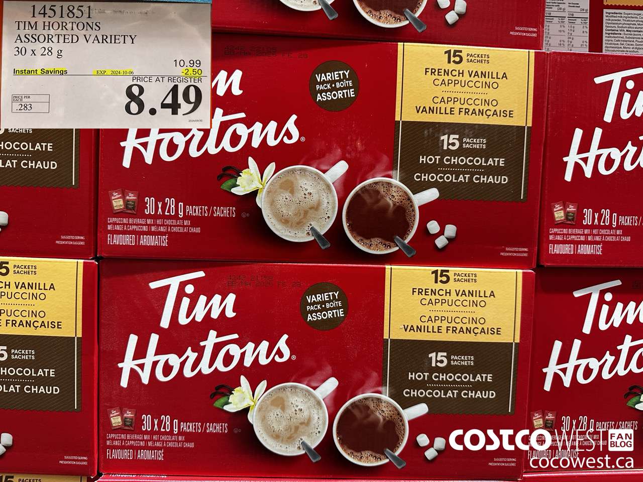 1451851 TIM HORTONS ASSORTED VARIETY 30 X 28 G ($2.50 INSTANT SAVINGS EXPIRES ON 2024-10-06) $8.49