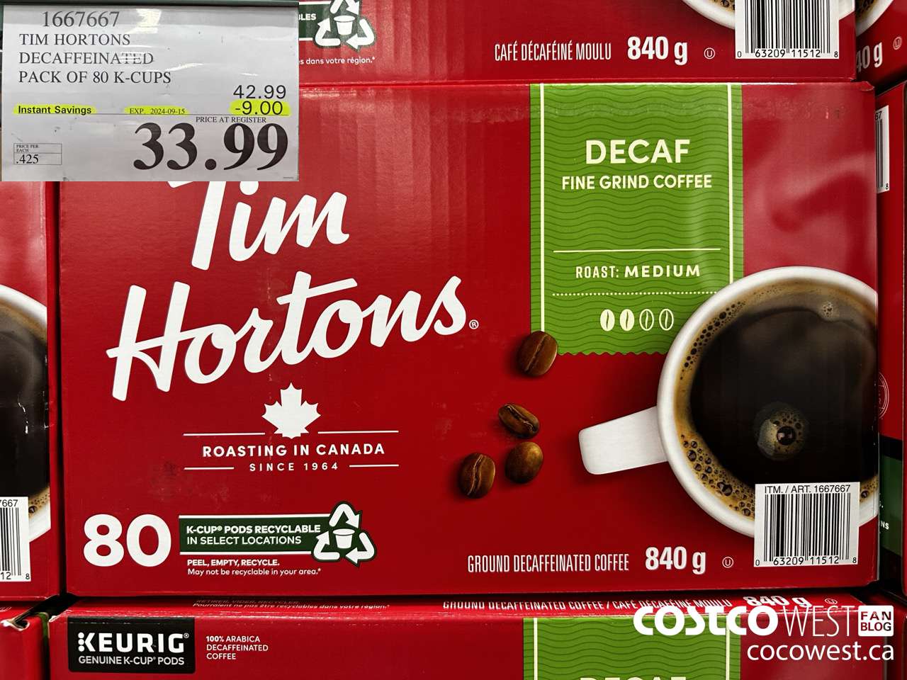 1667667 TIM HORTONS DECAFFEINATED K-CUPS 80 COUNT ($9.00 INSTANT SAVINGS EXPIRES ON 2024-09-15) $33.99