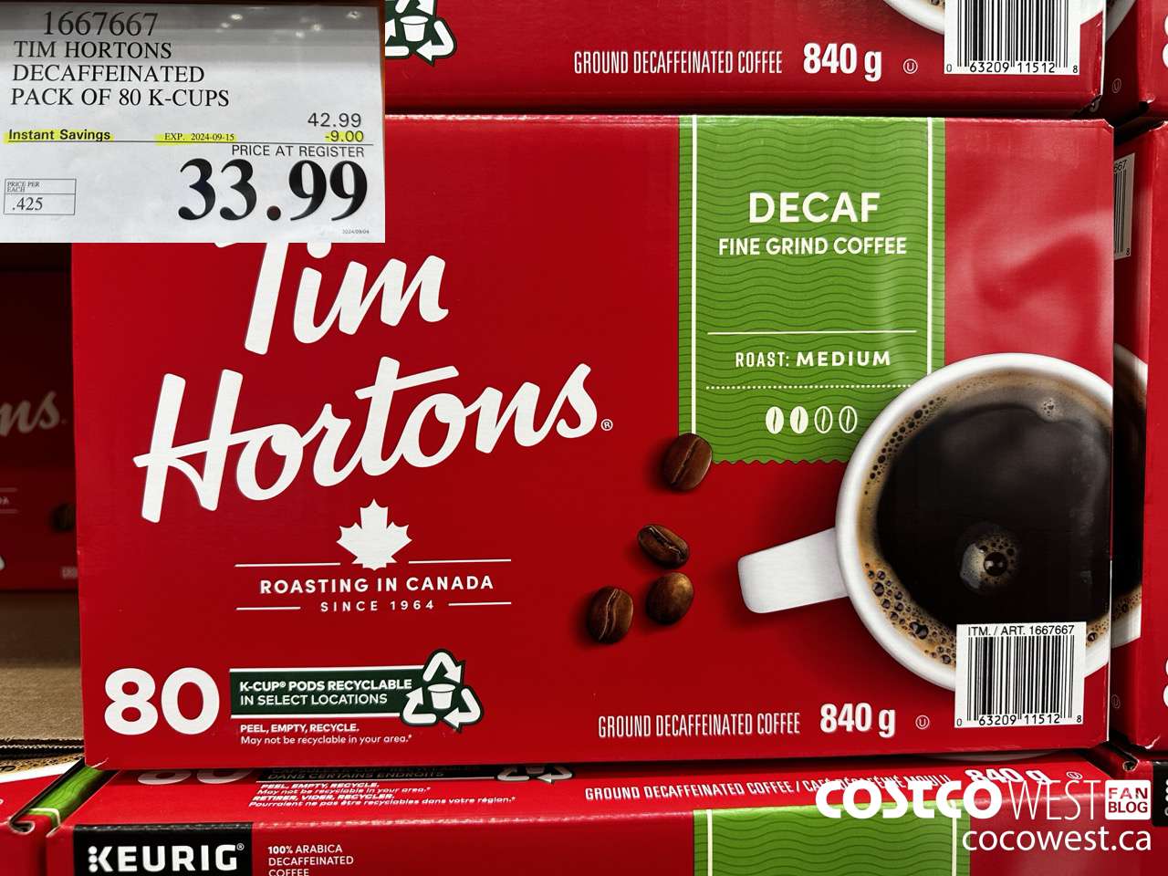1667667 TIM HORTONS DECAFFEINATED K-CUPS 80 COUNT ($9.00 INSTANT SAVINGS EXPIRES ON 2024-09-15) $33.99