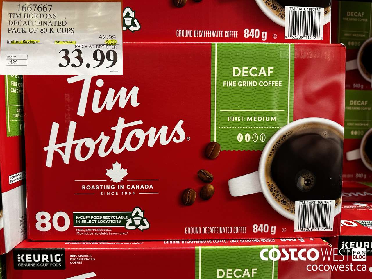 1667667 TIM HORTONS DECAFFEINATED K-CUPS 80 COUNT ($9.00 INSTANT SAVINGS EXPIRES ON 2024-09-15) $33.99