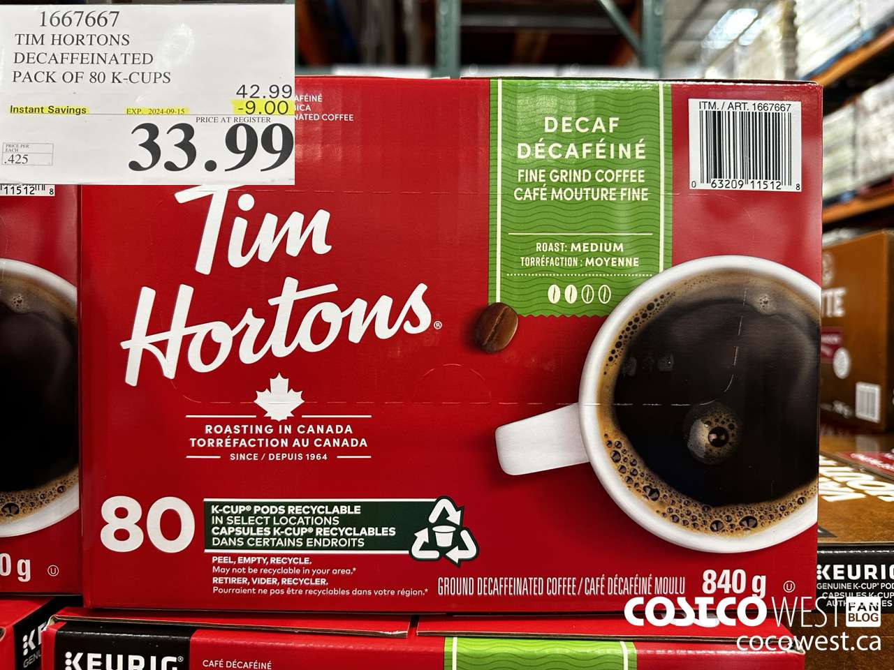1667667 TIM HORTONS DECAFFEINATED K-CUPS 80 COUNT ($9.00 INSTANT SAVINGS EXPIRES ON 2024-09-15) $33.99