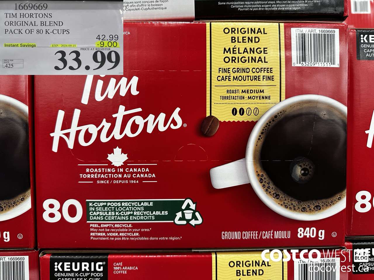 1669669 TIM HORTONS ORIGINAL BLEND K-CUPS 80 COUNT ($9.00 INSTANT SAVINGS EXPIRES ON 2024-09-15) $33.99