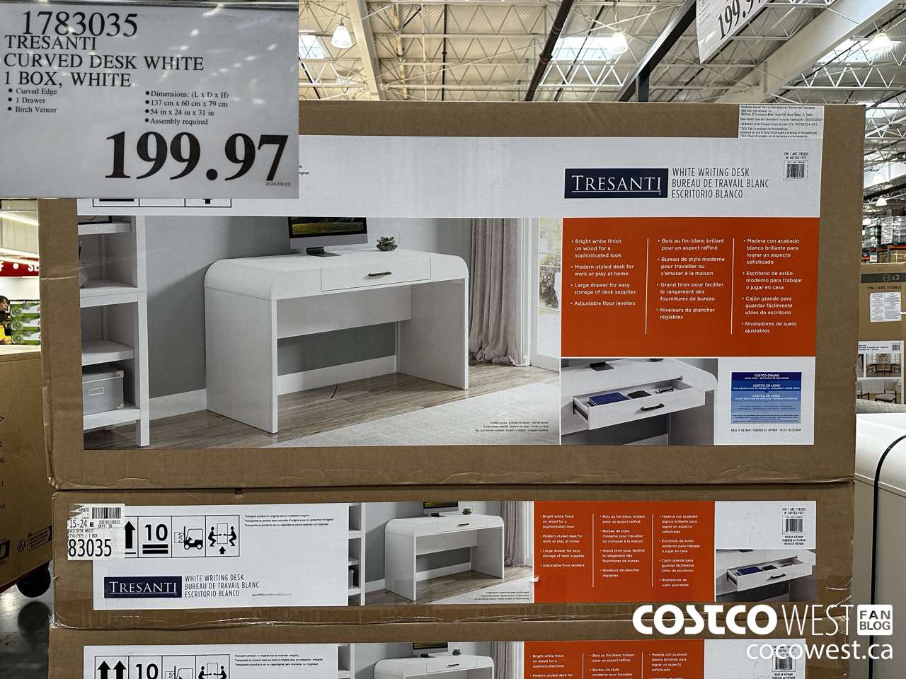 1783035 TRESANTI CURVED DESK WHITE 1 BOX, WHITE $199.97