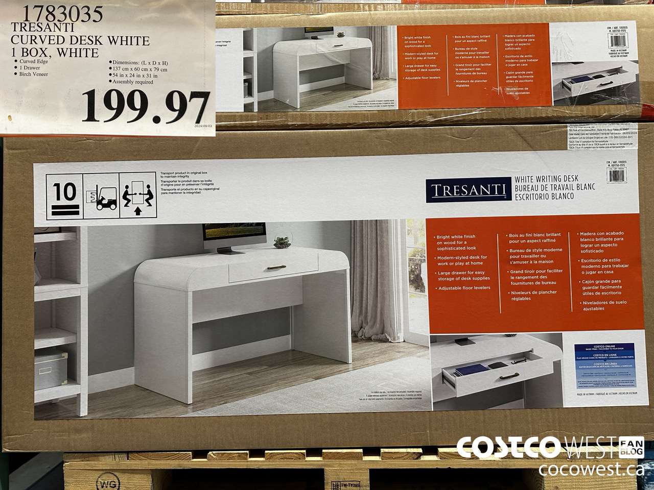 1783035 TRESANTI CURVED DESK WHITE 1 BOX, WHITE $199.97